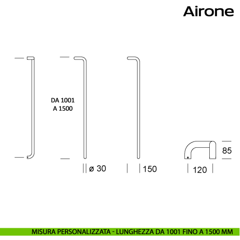 Maniglione tondo in acciaio per porta Airone Reguitti Inox zancato lunghezza personalizzata da 1001 mm fino a 1500 mm