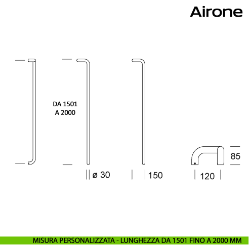 Maniglione tondo in acciaio per porta Airone Reguitti Inox zancato lunghezza personalizzata da 1501 mm fino a 2000 mm