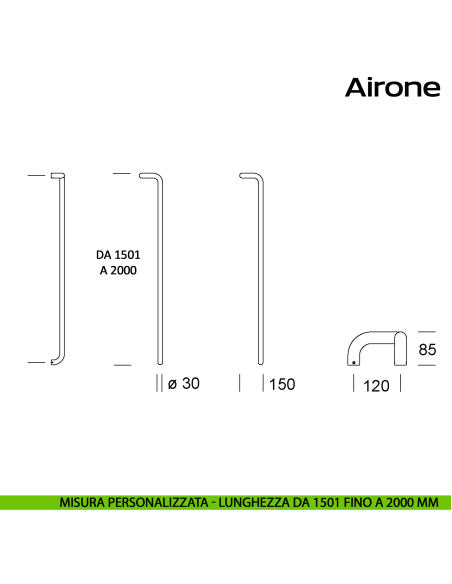 Maniglione tondo in acciaio per porta Airone Reguitti Inox zancato lunghezza personalizzata da 1501 mm fino a 2000 mm