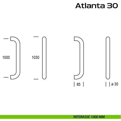Maniglione acciaio per porta diametro 30 mm Atlanta 30 Reguitti Inox interasse 1000 mm