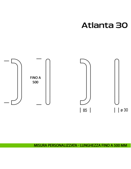 Maniglione acciaio per porta diametro 30 mm Atlanta 30 Reguitti Inox lunghezza personalizzata fino a 500 mm