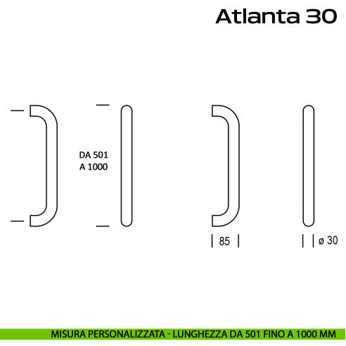 Maniglione acciaio per porta diametro 30 mm Atlanta 30 Reguitti Inox lunghezza personalizzata da 501 mm fino a 1000 mm