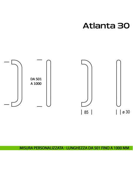 Maniglione acciaio per porta diametro 30 mm Atlanta 30 Reguitti Inox lunghezza personalizzata da 501 mm fino a 1000 mm