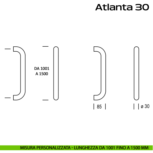 Maniglione acciaio per porta diametro 30 mm Atlanta 30 Reguitti Inox lunghezza personalizzata da 1001 mm fino a 1500 mm