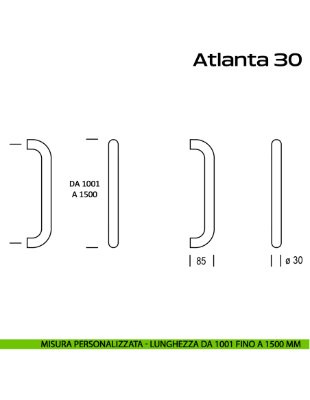 Maniglione acciaio per porta diametro 30 mm Atlanta 30 Reguitti Inox lunghezza personalizzata da 1001 mm fino a 1500 mm