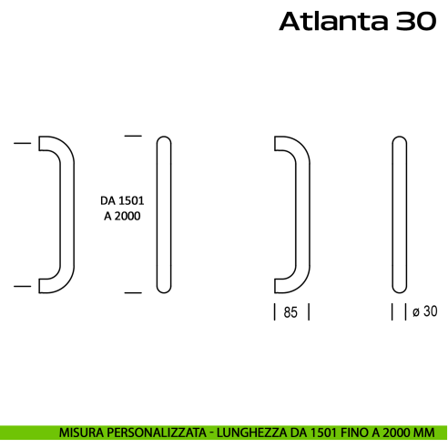 Maniglione acciaio per porta diametro 30 mm Atlanta 30 Reguitti Inox lunghezza personalizzata da 1501 mm fino a 2000 mm