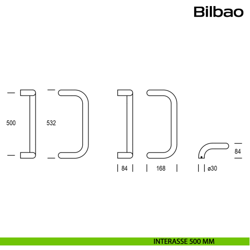Maniglione zancato in acciaio per porta Bilbao Reguitti Inox interasse 500 mm