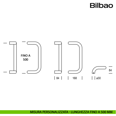 Maniglione zancato in acciaio per porta Bilbao Reguitti Inox lunghezza personalizzata fino a 500 mm