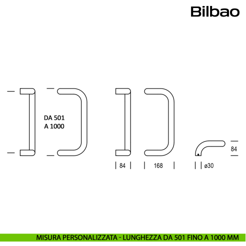 Maniglione zancato in acciaio per porta Bilbao Reguitti Inox lunghezza personalizzata da 501 mm fino a 1000 mm