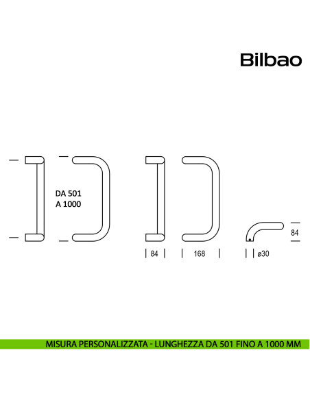 Maniglione zancato in acciaio per porta Bilbao Reguitti Inox lunghezza personalizzata da 501 mm fino a 1000 mm