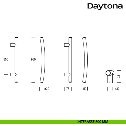 Maniglione curvo in acciaio per porta Daytona Reguitti Inox interasse 800 mm