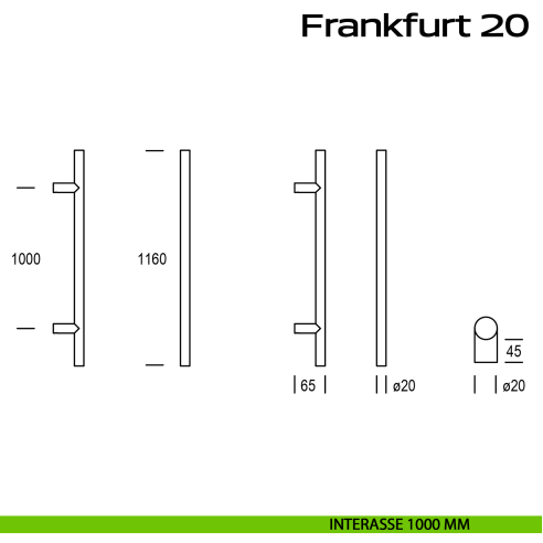 Maniglione acciaio per porta diametro 20 mm Frankfurt 20 Reguitti Inox interasse 1000 mm