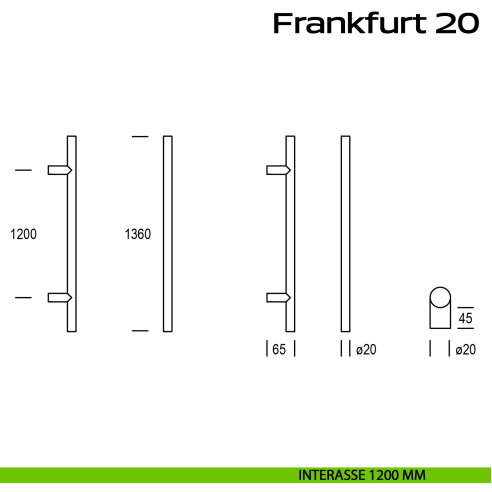 Maniglione acciaio per porta diametro 20 mm Frankfurt 20 Reguitti Inox interasse 1200 mm