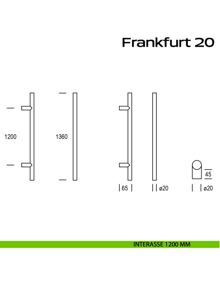 Maniglione acciaio per porta diametro 20 mm Frankfurt 20 Reguitti Inox interasse 1200 mm