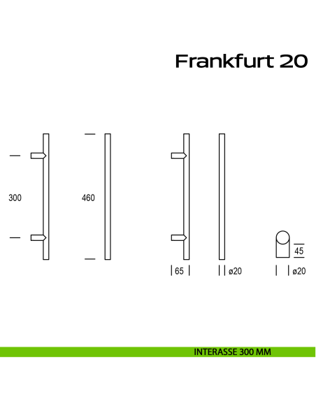Maniglione acciaio per porta diametro 20 mm Frankfurt 20 Reguitti Inox interasse 300 mm