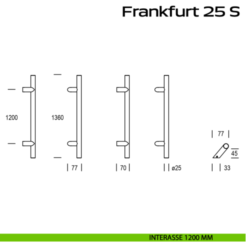 Maniglione zancato in acciaio per porta Frankfurt 25 S Reguitti Inox interasse 1200 mm