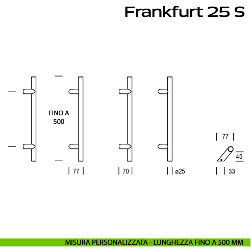 Maniglione zancato in acciaio per porta Frankfurt 25 S Reguitti Inox lunghezza personalizzata fino a 500 mm