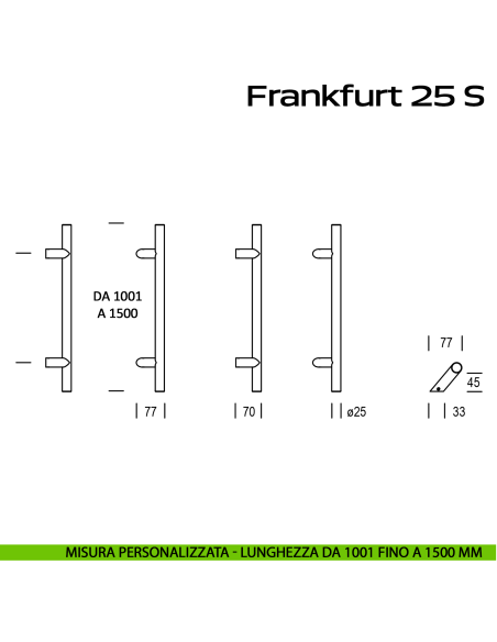 Maniglione zancato in acciaio per porta Frankfurt 25 S Reguitti Inox lunghezza personalizzata da 1001 mm fino a 1500 mm