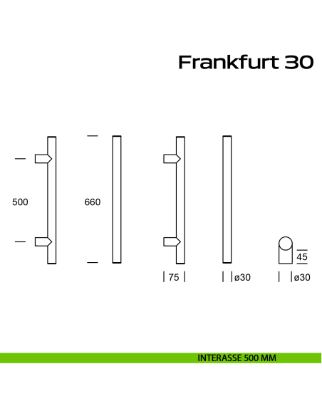 Maniglione acciaio per porta diametro 30 mm Frankfurt 30 Reguitti Inox interasse 500 mm