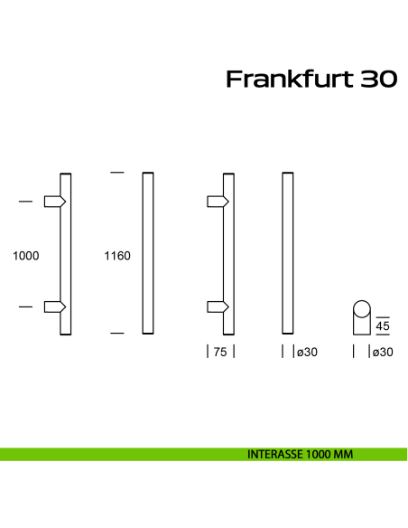 Maniglione acciaio per porta diametro 30 mm Frankfurt 30 Reguitti Inox interasse 1000 mm