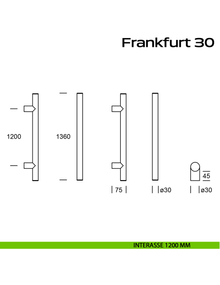 Maniglione acciaio per porta diametro 30 mm Frankfurt 30 Reguitti Inox interasse 1200 mm