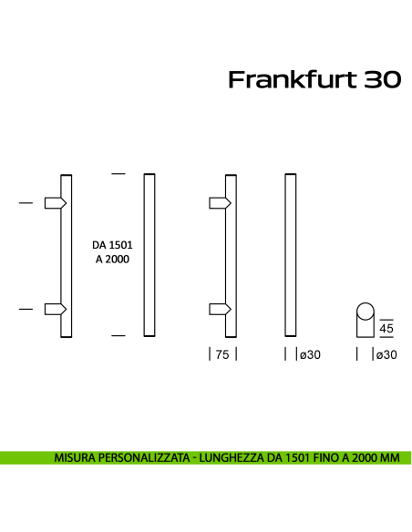Maniglione acciaio per porta diametro 30 mm Frankfurt 30 Reguitti Inox lunghezza personalizzata da 1501 mm fino a 2000 mm