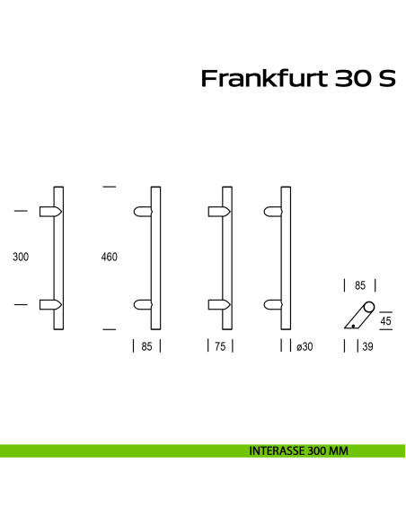 Maniglione spostato in acciaio per porta Frankfurt 30 S Reguitti Inox interasse 300 mm