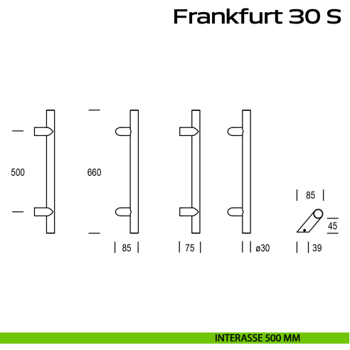 Maniglione spostato in acciaio per porta Frankfurt 30 S Reguitti Inox interasse 500 mm