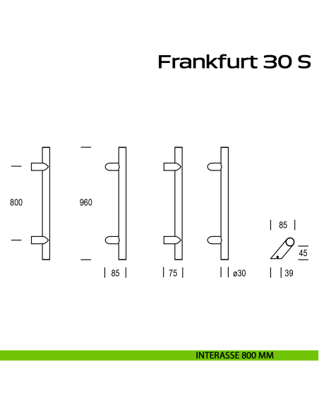 Maniglione spostato in acciaio per porta Frankfurt 30 S Reguitti Inox interasse 800 mm