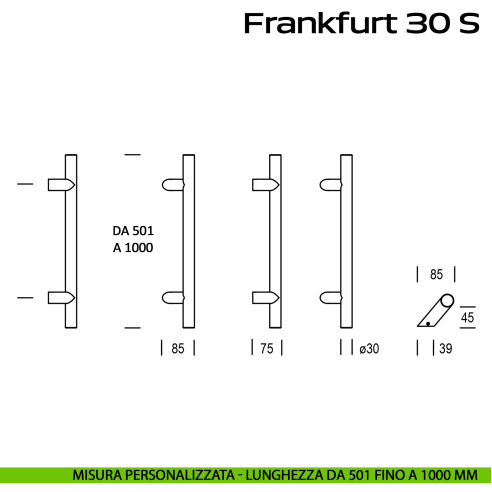 Maniglione spostato in acciaio per porta Frankfurt 30 S Reguitti Inox lunghezza personalizzata da 501 mm fino a 1000 mm