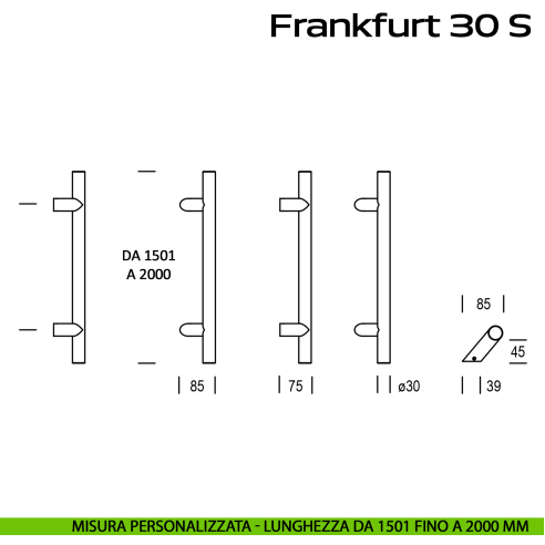 Maniglione spostato in acciaio per porta Frankfurt 30 S Reguitti Inox lunghezza personalizzata da 1501 mm fino a 2000 mm