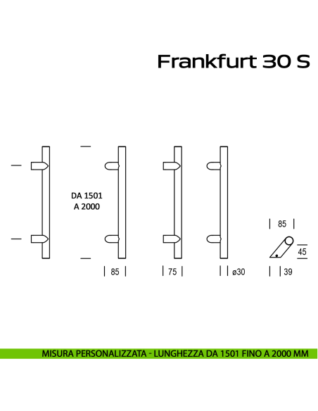 Maniglione spostato in acciaio per porta Frankfurt 30 S Reguitti Inox lunghezza personalizzata da 1501 mm fino a 2000 mm