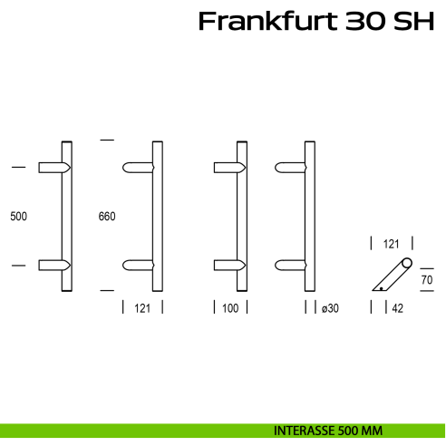 Maniglione zancato in acciaio per porta Frankfurt 30 SH Reguitti Inox interasse 500 mm