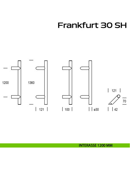Maniglione zancato in acciaio per porta Frankfurt 30 SH Reguitti Inox interasse 1200 mm