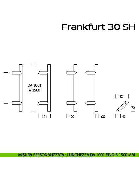 Maniglione zancato in acciaio per porta Frankfurt 30 SH Reguitti Inox lunghezza personalizzata da 1001 mm fino a 1500 mm