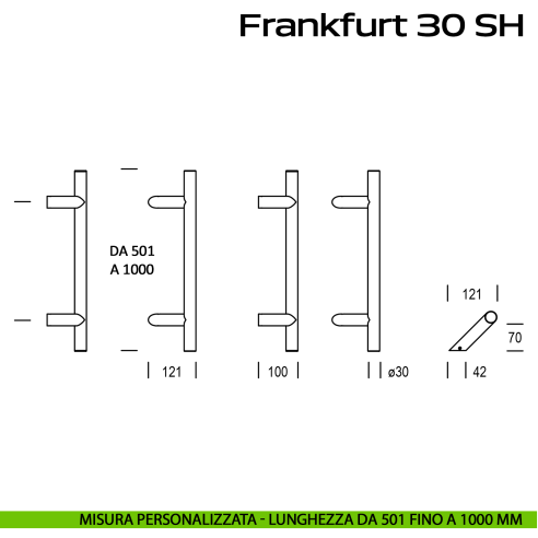 Maniglione zancato in acciaio per porta Frankfurt 30 SH Reguitti Inox lunghezza personalizzata da 501 mm fino a 1000 mm