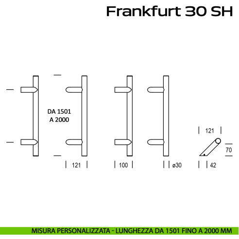 Maniglione zancato in acciaio per porta Frankfurt 30 SH Reguitti Inox lunghezza personalizzata da 1501 mm fino a 2000 mm