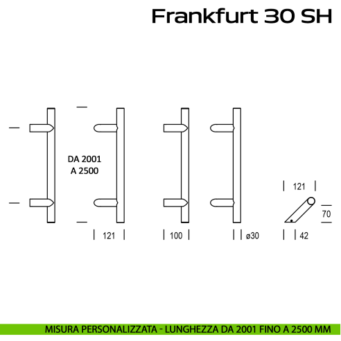 Maniglione zancato in acciaio per porta Frankfurt 30 SH Reguitti Inox lunghezza personalizzata da 2001 mm fino a 2500 mm