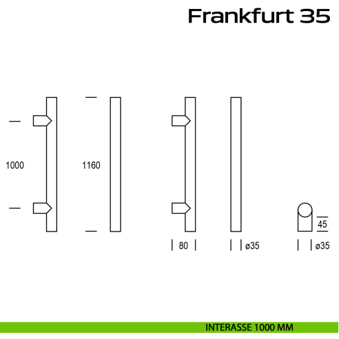 Maniglione acciaio per porta diametro 35 mm Frankfurt 35 Reguitti Inox interasse 1000 mm