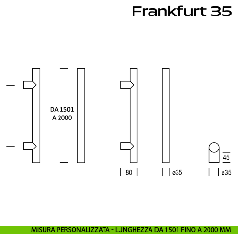 Maniglione acciaio per porta diametro 35 mm Frankfurt 35 Reguitti Inox lunghezza personalizzata da 1501 mm fino a 2000 mm