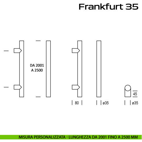 Maniglione acciaio per porta diametro 35 mm Frankfurt 35 Reguitti Inox lunghezza personalizzata da 2001 mm fino a 2500 mm
