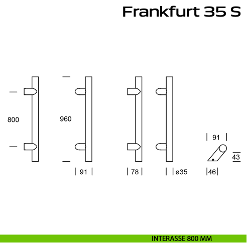 Maniglione in acciaio per porta Frankfurt 35 S Reguitti Inox zancato interasse 800 mm