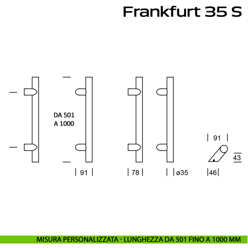 Maniglione in acciaio per porta Frankfurt 35 S Reguitti Inox zancato lunghezza personalizzata da 501 mm fino a 1000 mm