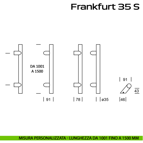 Maniglione in acciaio per porta Frankfurt 35 S Reguitti Inox zancato lunghezza personalizzata da 1001 mm fino a 1500 mm