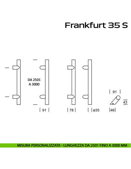 Maniglione in acciaio per porta Frankfurt 35 S Reguitti Inox zancato lunghezza personalizzata da 2501 mm fino a 3000 mm