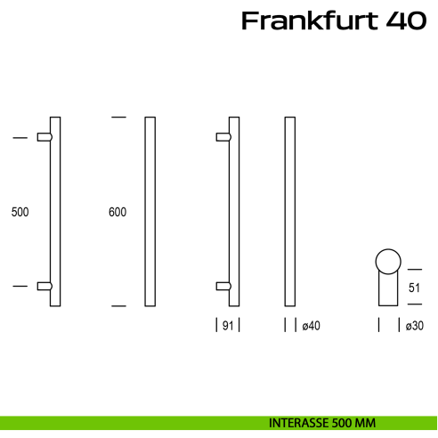 Maniglione acciaio per porta Frankfurt 40 Reguitti Inox dritto interasse 500 mm