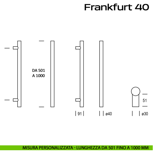 Maniglione acciaio per porta Frankfurt 40 Reguitti Inox dritto lunghezza personalizzata da 501 mm fino a 1000 mm