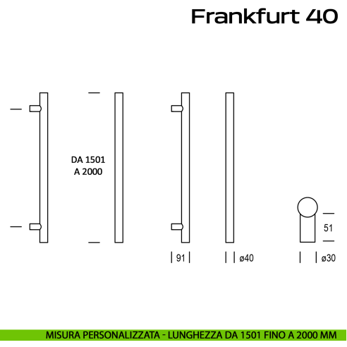Maniglione acciaio per porta Frankfurt 40 Reguitti Inox dritto lunghezza personalizzata da 1501 mm fino a 2000 mm