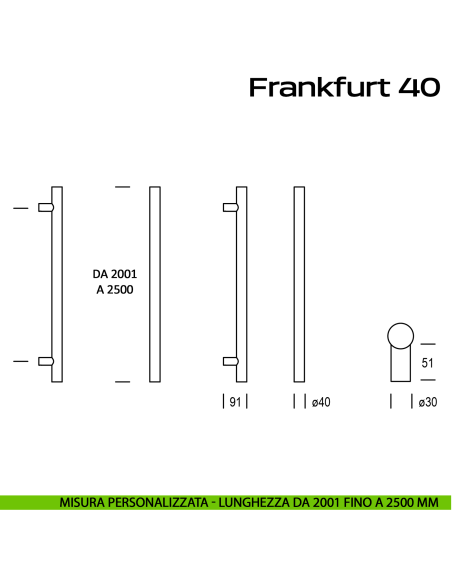 Maniglione acciaio per porta Frankfurt 40 Reguitti Inox dritto lunghezza personalizzata da 2001 mm fino a 2500 mm