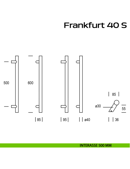 Maniglione acciaio per porta Frankfurt 40 S Reguitti Inox spostato interasse 500 mm